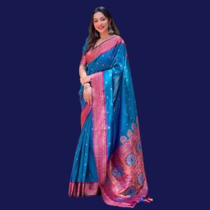 Peacock Blue Silk Paithani Saree