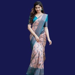 Pastel Peach & Teal Floral Silk Saree
