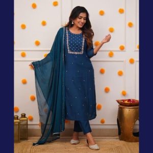 Teal Blue Embroidered Kurta Set